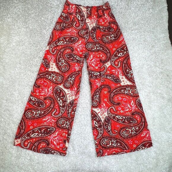 Free People Wide Leg Red Paisley Pants NO BELT - Picture 2 of 9